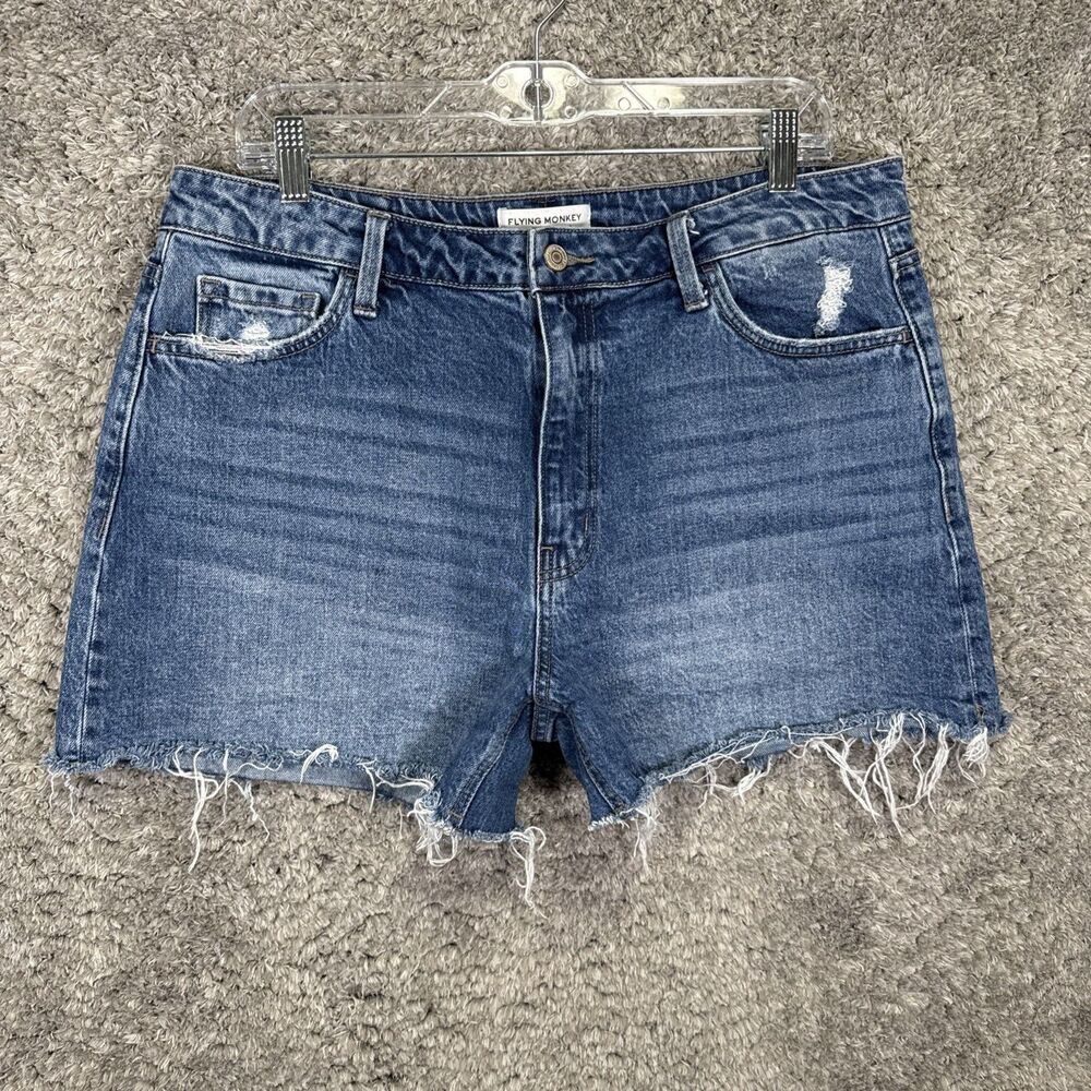 Flying Monkey Denim High Rise Shorts Cut Off Size 32 Medium Wash Jean Raw Hem